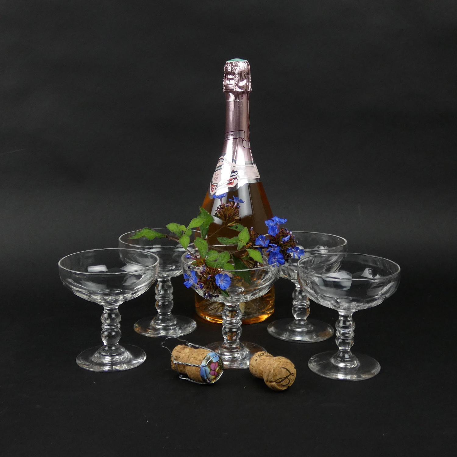 5 French Crystal Glass Champagne Coupes