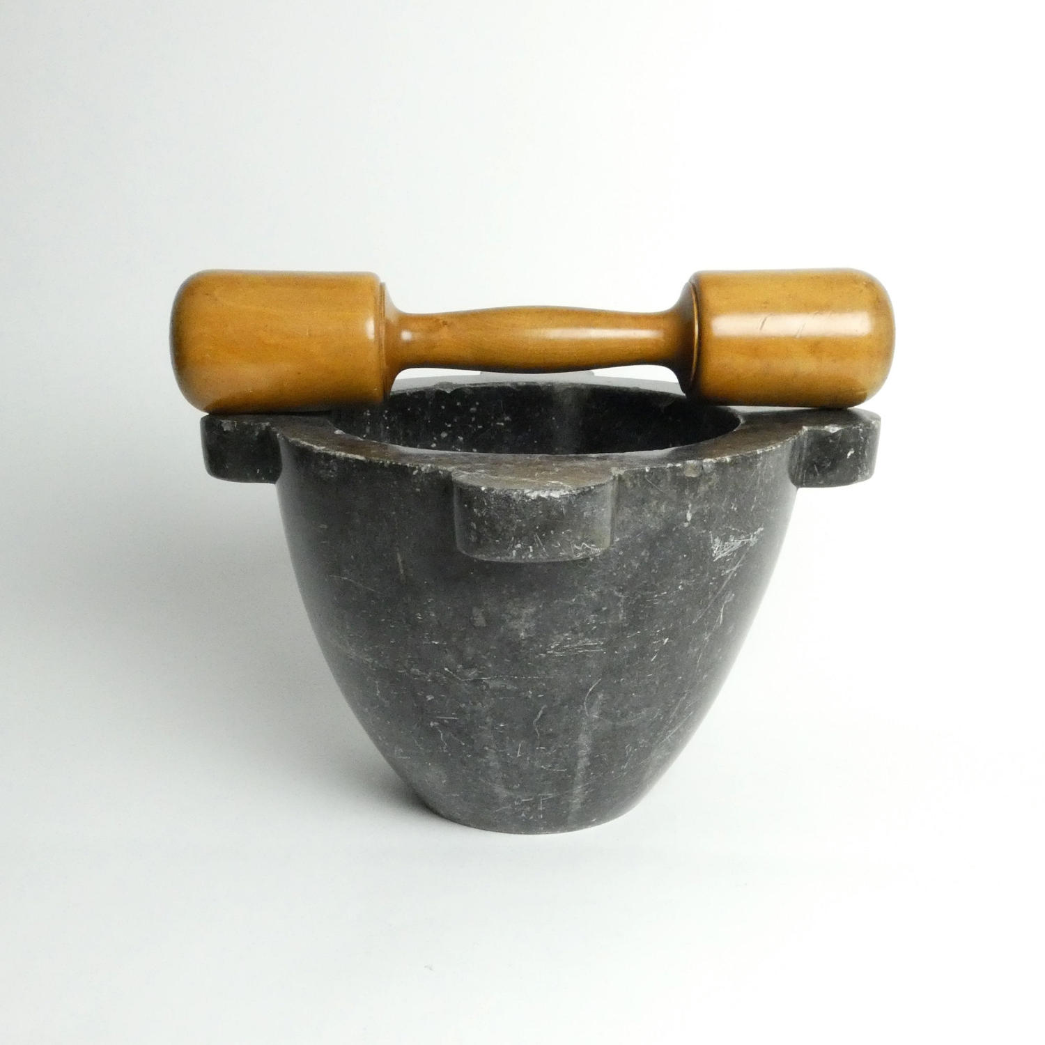 19th century marble mortar with boxwood pestle.