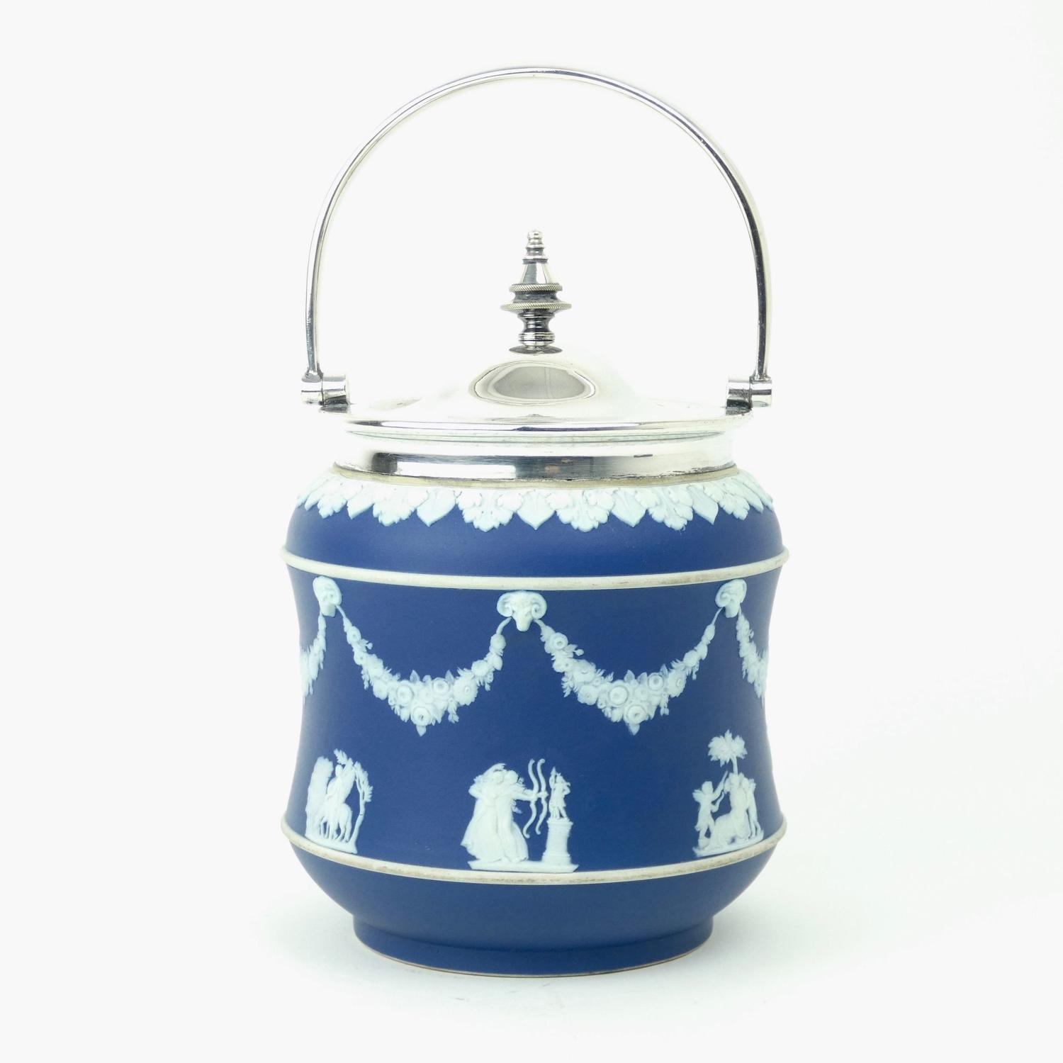 Wedgwood biscuit barrel with plated mounts