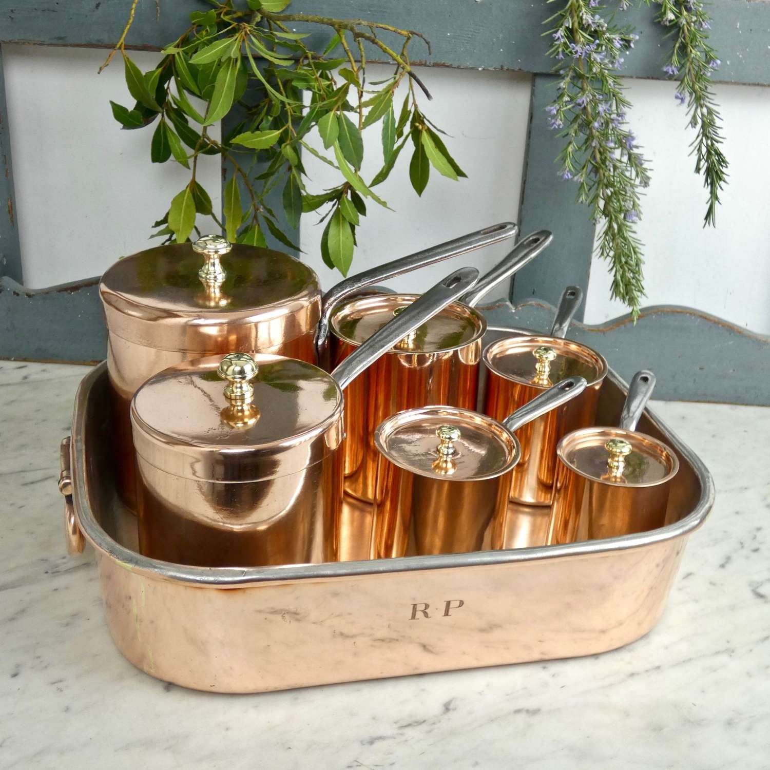 English copper bain marie and pans
