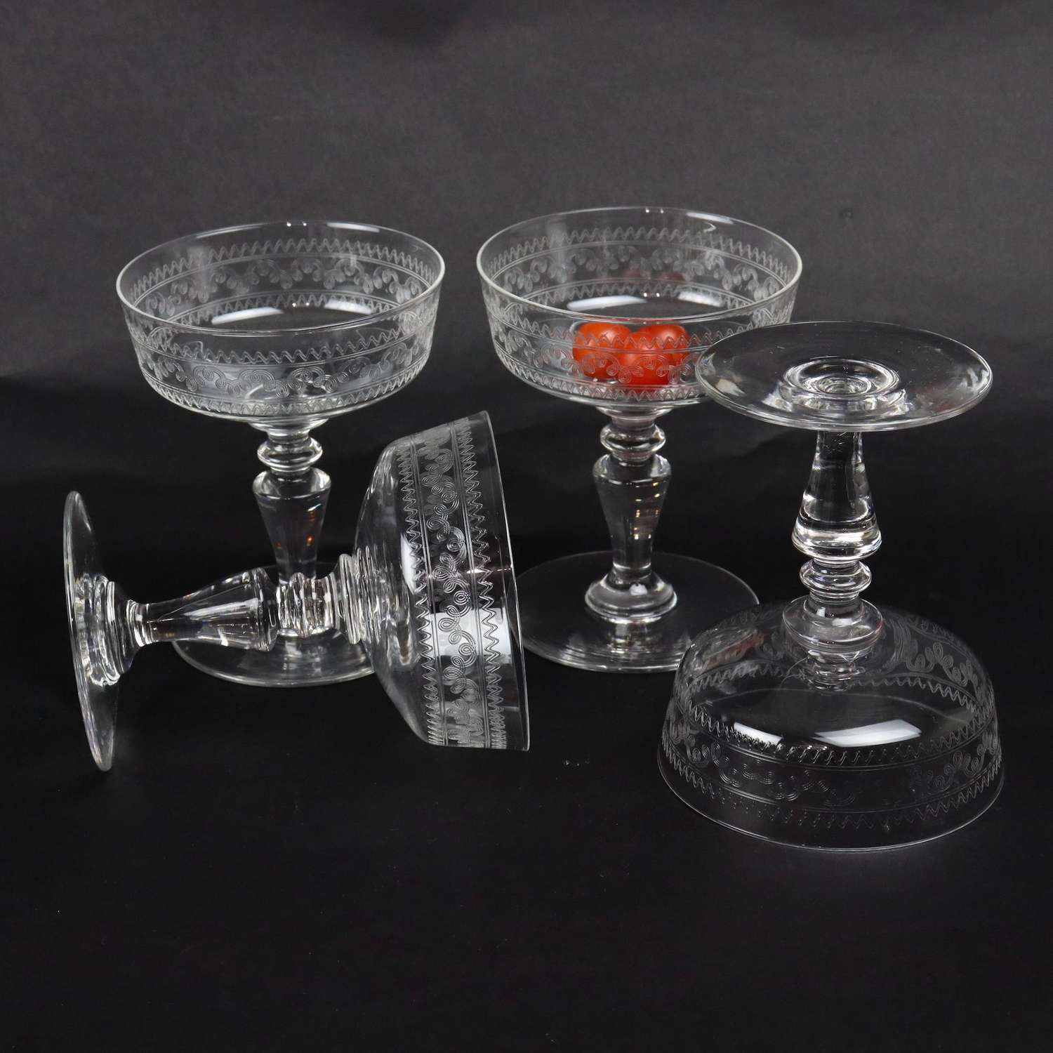 Engraved, French crystal champagne coupes