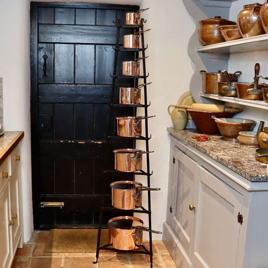 Set of Victorian Copper Pans on Stand