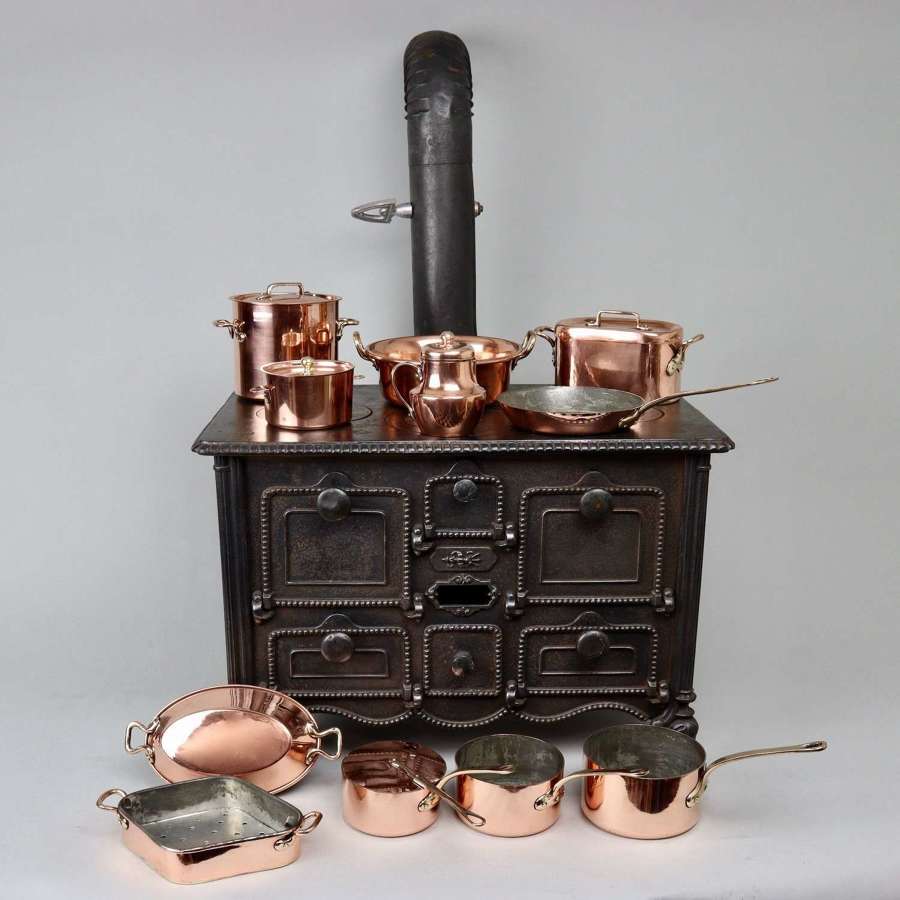 Superb Miniature Cast Iron Stove and Copperware