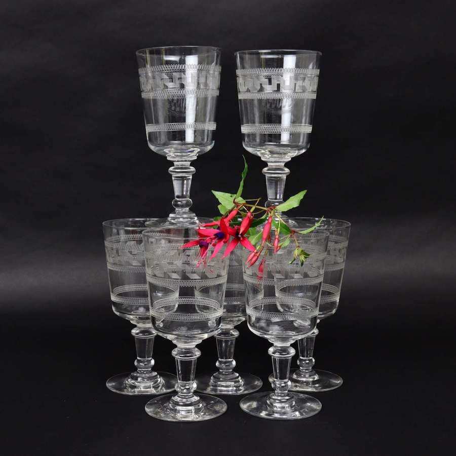 7 Engraved, Crystal Wine Glasses